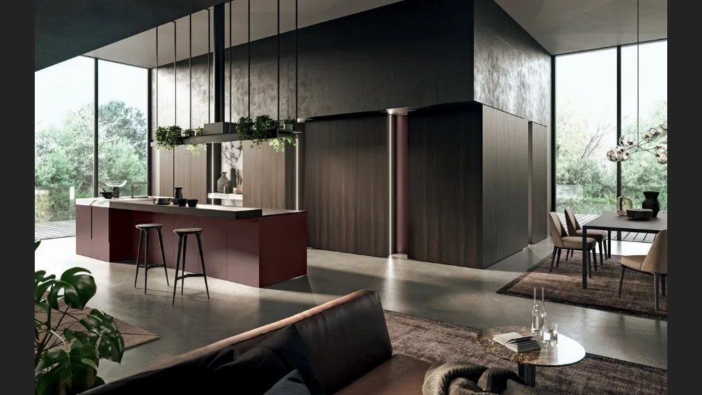 Cucina Design con isola in laccato metal Amaranto e legno con top in gres Vogue Metal 4|0 di Binova