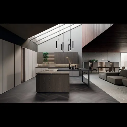 Cucina Design con isola e penisola in rovere grigio e bilaminato pietra piasentina Bluna Legno di Binova
