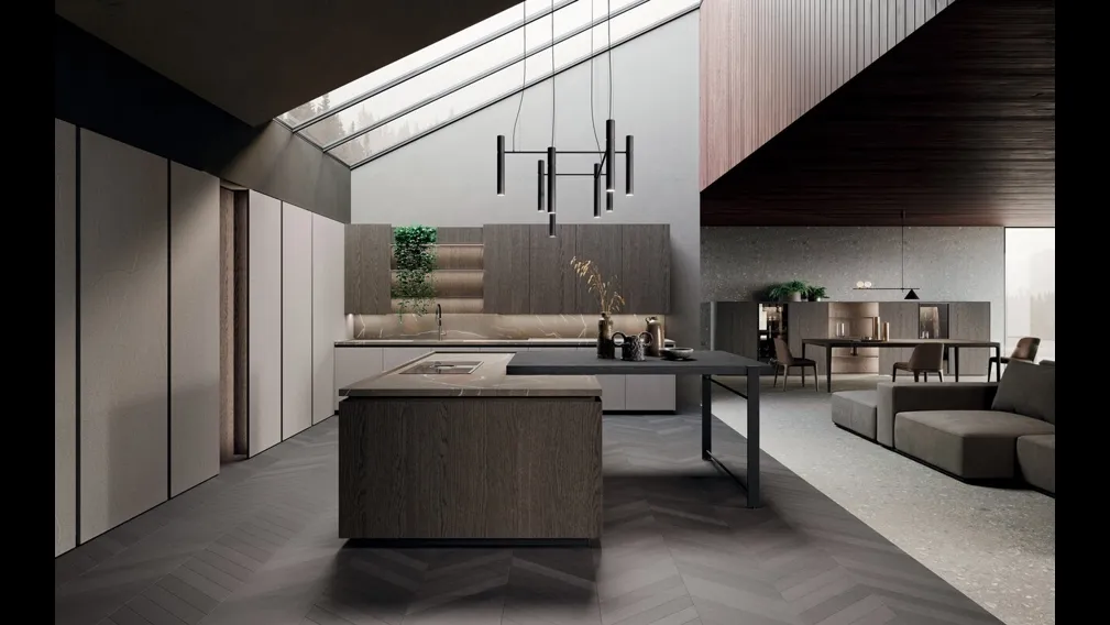 Cucina Design con isola e penisola in rovere grigio e bilaminato pietra piasentina Bluna Legno di Binova