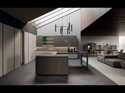 Cucina Design con isola e penisola in rovere grigio e bilaminato pietra piasentina Bluna Legno di Binova
