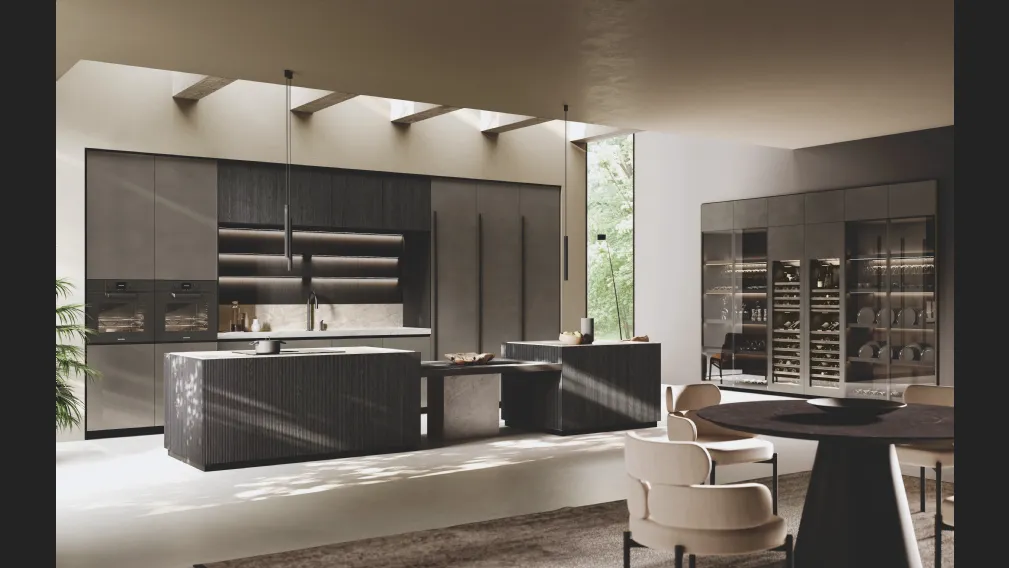 Cucina Design in laccato Metal con isola Bluna Legno Rigato di Binova