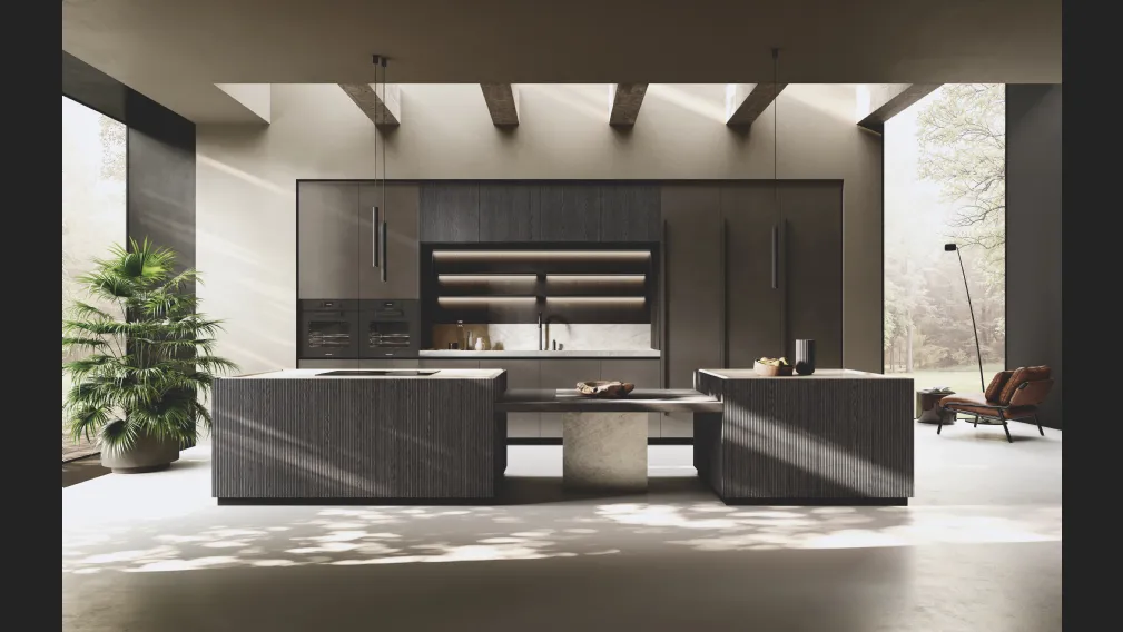 Cucina Design in laccato Metal con isola Bluna Legno Rigato di Binova