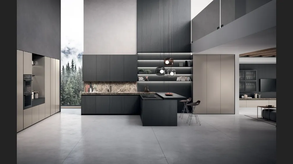 Cucina Design con penisola Bluna Tech in rovere carbone e alluminio di Binova