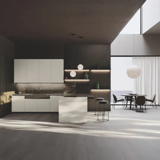 Cucina Design con penisola Bluna Tech Opaco in laccato e bilaminato legno Rovere di Binova