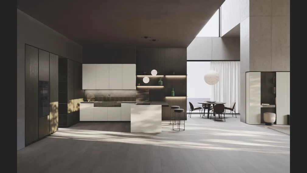 Cucina Design con penisola Bluna Tech Opaco in laccato e bilaminato legno Rovere di Binova