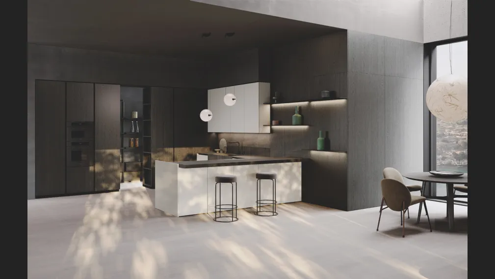 Cucina Design con penisola Bluna Tech Opaco in laccato e bilaminato legno Rovere di Binova