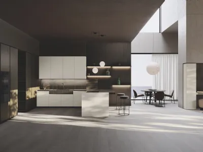Cucina Design con penisola Bluna Tech Opaco in laccato e bilaminato legno Rovere di Binova