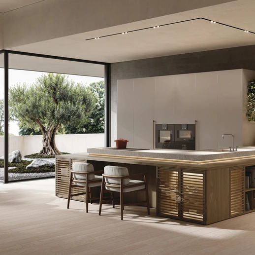 Cucina Design con penisola Bluna + Zen in alluminio e noce di Binova
