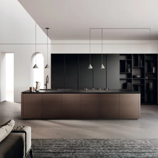 Cucina Design in laccato Nero e laccato alluminio brunito, vetro e bilaminato noce con isola Lab di Binova