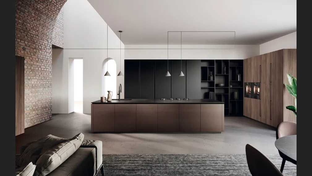 Cucina Design in laccato Nero e laccato alluminio brunito, vetro e bilaminato noce con isola Lab di Binova