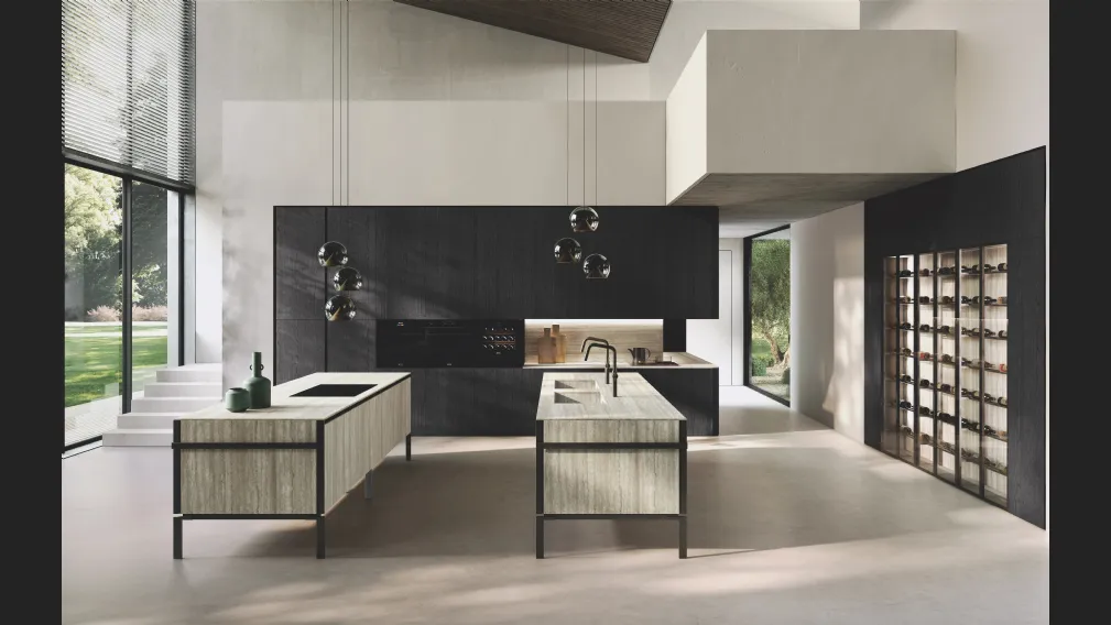 Cucina Design in bilaminato Rovere Black con doppia isola Lab Gres di Binova