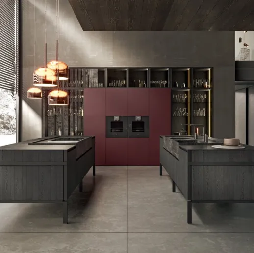 Cucina Design con doppia isola in legno con top in gres e piedi in metallo Regula di Binova