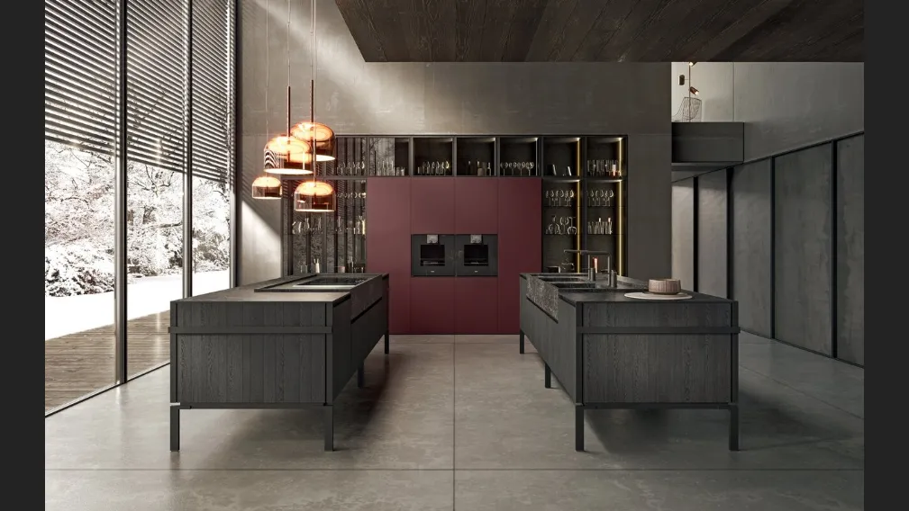 Cucina Design con doppia isola in legno finitura Rovere Vesuvio, top in gres e piedi in metallo Regula di Binova