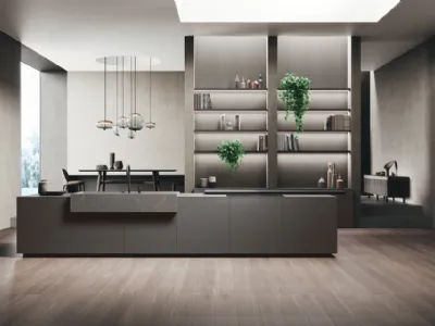 Cucina Design con isola Vogue Legno in laccato opaco, gres e rovere di Binova