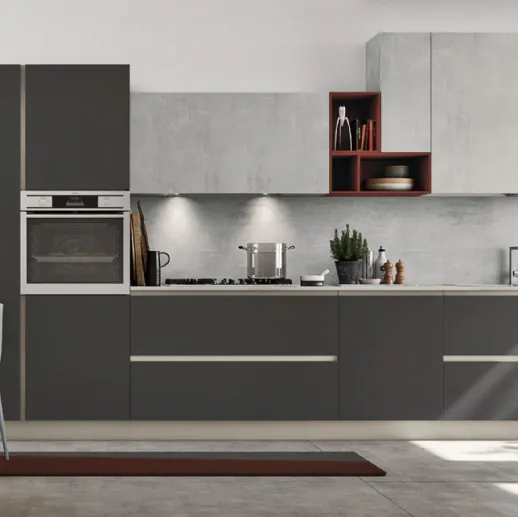 Cucina Moderna lineare Alevé v06 in laccato UV Grigio Asfalto opaco e laminato materico cemento di Stosa