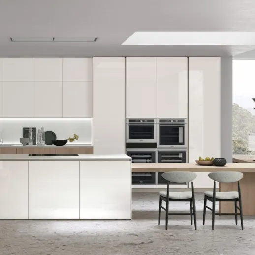 Cucina Moderna Aliant v02 in Vetro lucido Bianco Ice e Rovere Sahara con top in HPL Bianco di Stosa