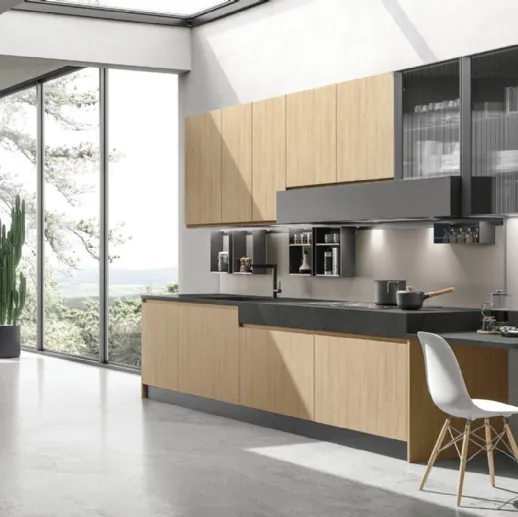 Cucina Moderna ad angolo Karma v05 in Termo Strutturato Rovere Essenza con top in HPL Ossido di Stosa