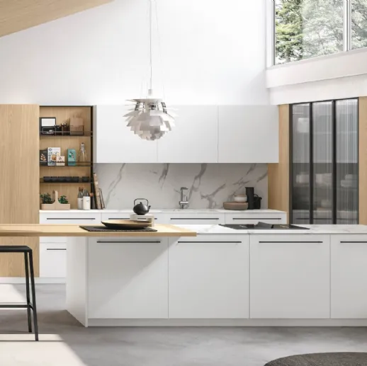 Cucina Moderna Metropolis v05 in Pet Bianco e Rovere Sole con top in HPL Calacatta di Stosa