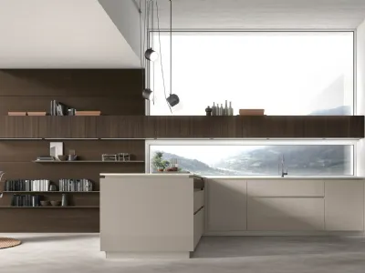 Cucina Moderna con penisola Natural v02 in laccato lucido e Rovere termocotto di Stosa