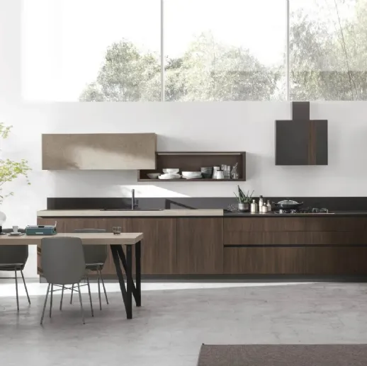 Cucina Moderna ad angolo Infinity v01 in Termo Strutturato Rovere Cumino e Graniglia di Stosa