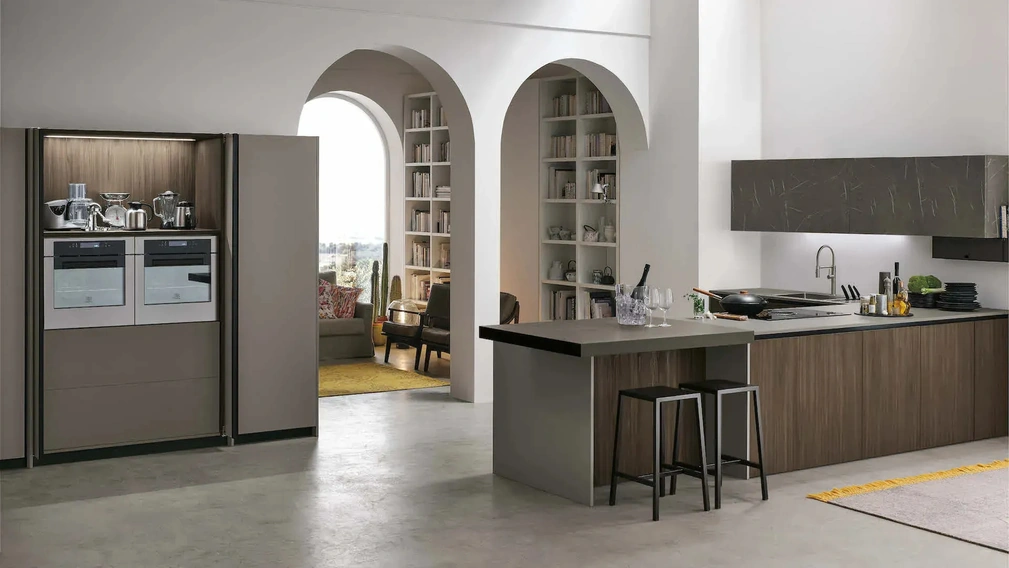Cucina Moderna con penisola Metropolis 04 in Larice Brown e Pet di Stosa